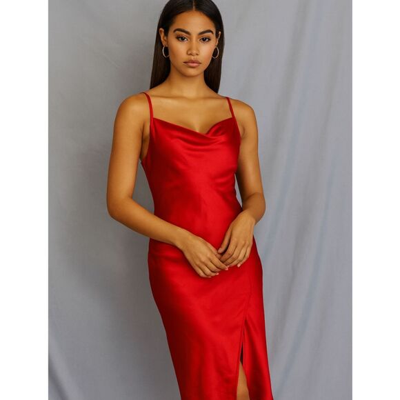 Isalis Dresses & Skirts - Red Satin Slip Dress Size Small Cowl Neck Midi Valentine’s Day Date Night Flirty